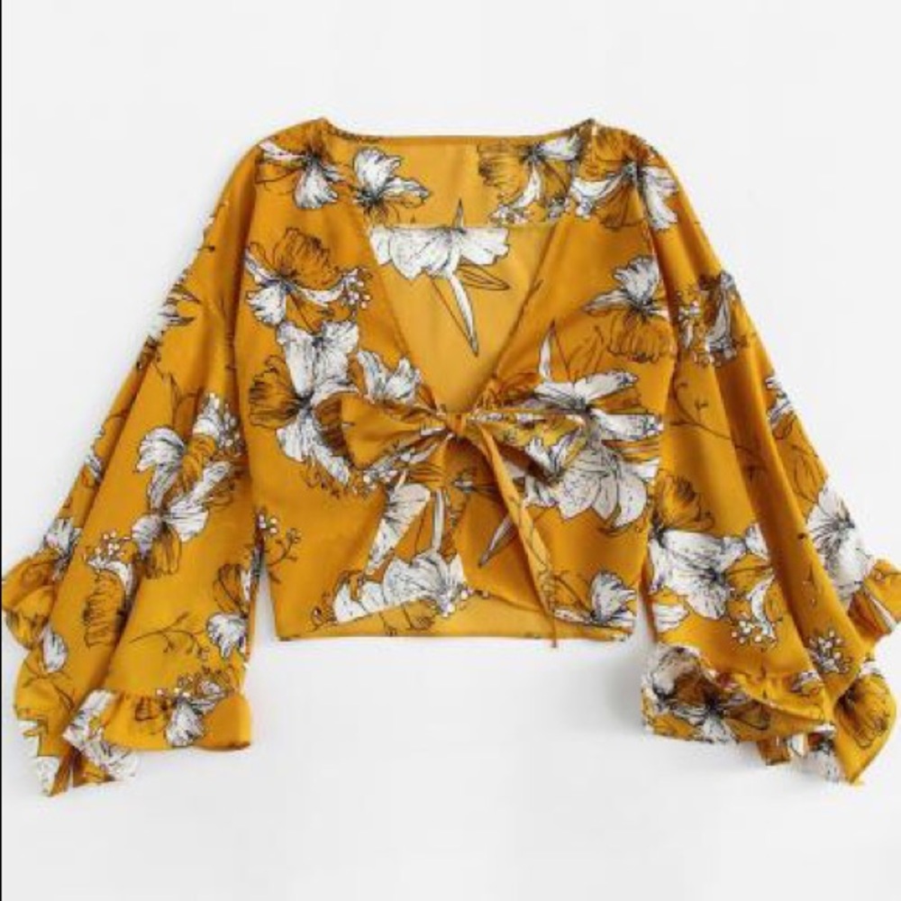 Bell Sleeve Floral Print Knot Front Kimono